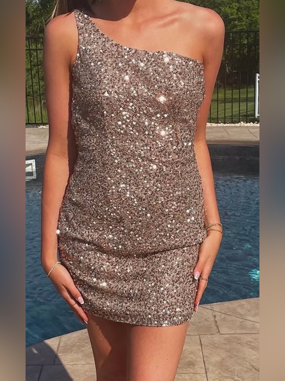 Mac Duggal Rose Gold Sequin One-Shoulder Mini